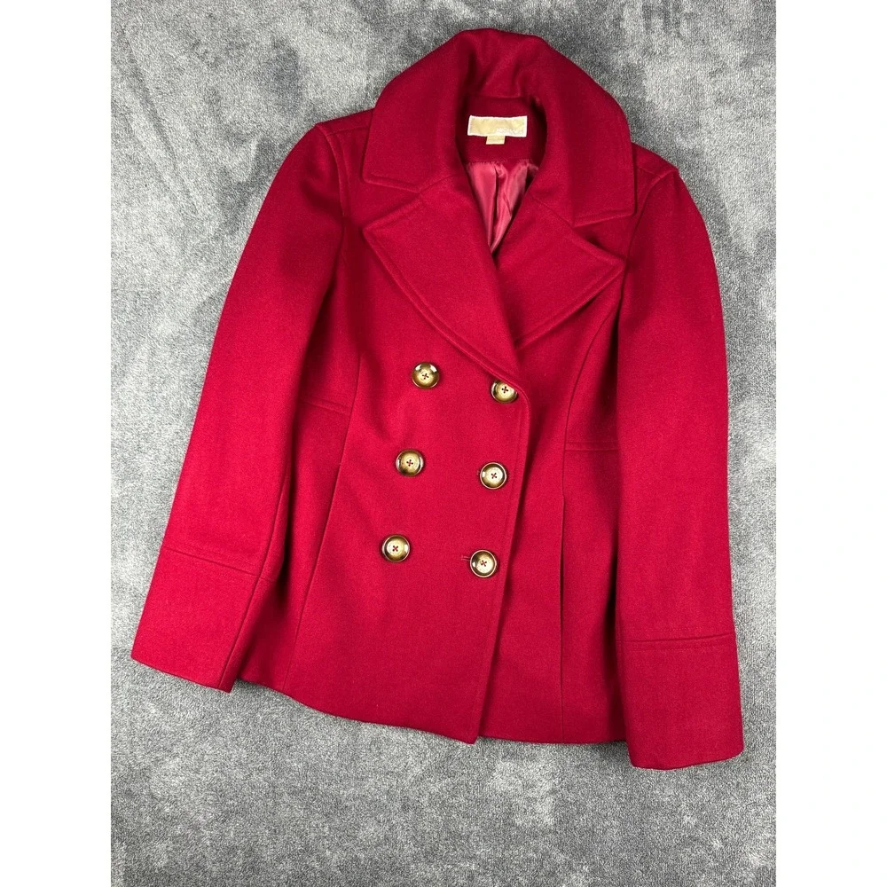 Michael Michael Kors Womens Red Wool Blend Double Breasted Pea Coat Jacket Large